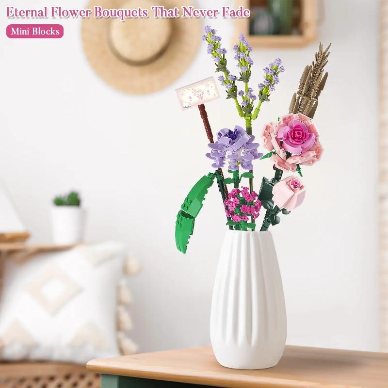 Blombukett Mini Rosa Ros Lavendel 547 st Byggklossset Kreativ Heminredning Leksakssatser Jubileumspresenter med Låda