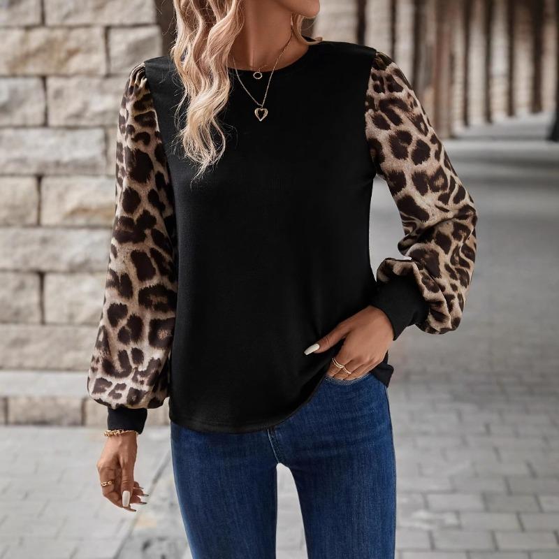 Dámské S Dlouhý Rukáv Kulatý Výstřih Patchwork s Leopardím Vzorem Tričko Ležérní