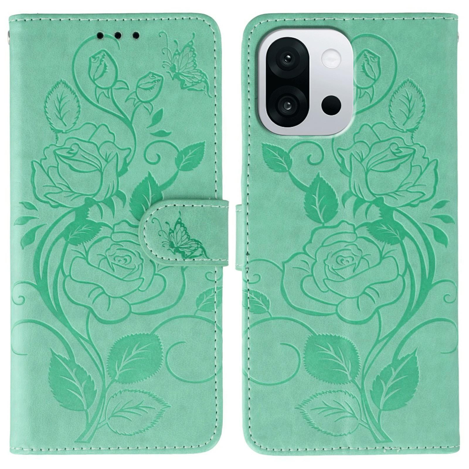 

For OnePlus 13T 5G Case Wallet Stand Imprinted Rose Butterfly PU Leather Phone Cover Green