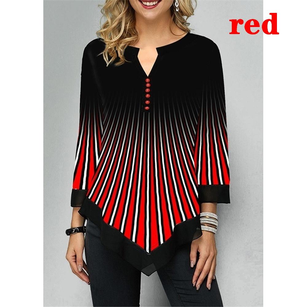 Ny Dame Uregelmessig Kant Trykket Casual Rund Hals 3/4 Ermer Pluss Størrelse T-skjorte Høst Løs Pullover Bluse