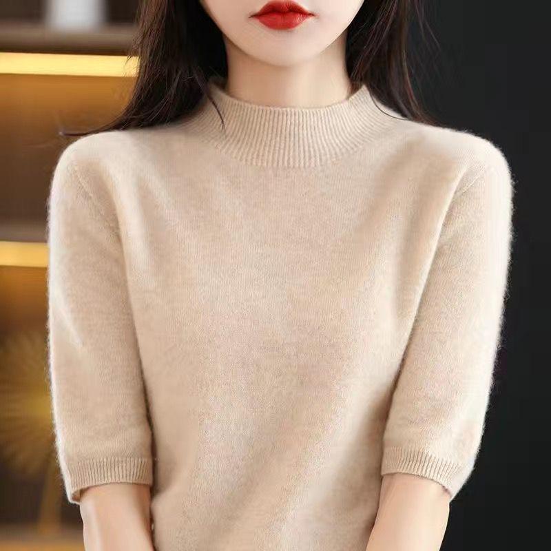 Lente/Winter Trui met Korte Mouwen Dames Halfhoge Col Korte Losse Vijf Punten Halve Mouw T-shirt Veelzijdig Gebreid Onderhemd Dames Top