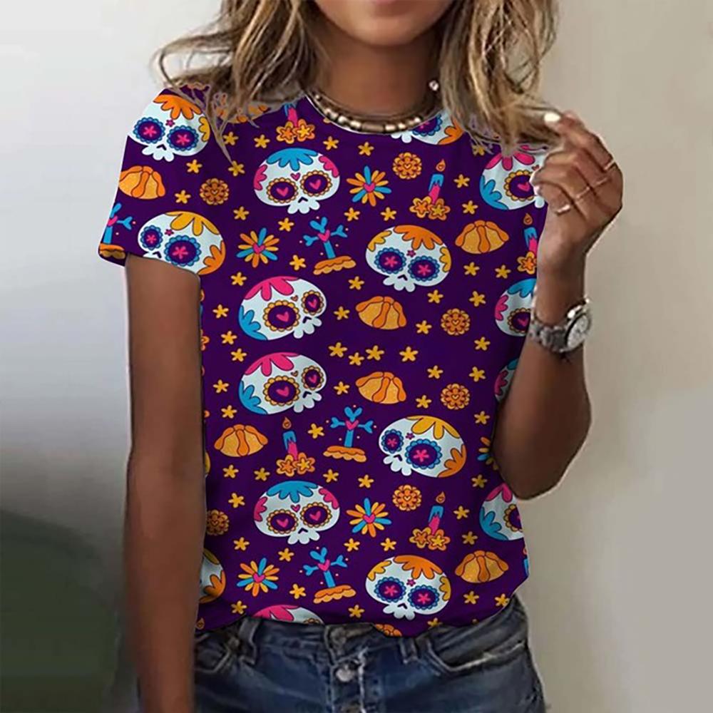 Funny Sugar Skull 3d Print Womens T Shirt Anime Cartoon Anime Mexico Summer Day of the Dead T-shirt For Men Women's Tops