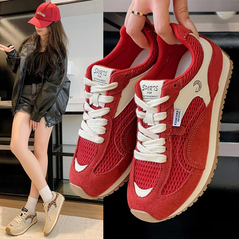 

Fashion Summer New Mesh Breathable Flat Shoes Women s Round Toe Deep Mouth Front Lace-up Soft Slip Anti-Slip Athletic Casual Shoes 35 красный