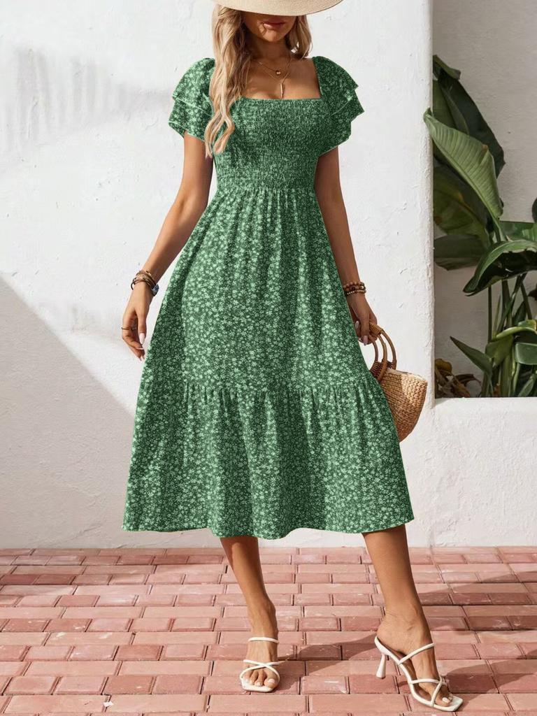 New Wish Bestseller Square Neck Bubble Sleeve Floral Ruffled Dress Long Dress
