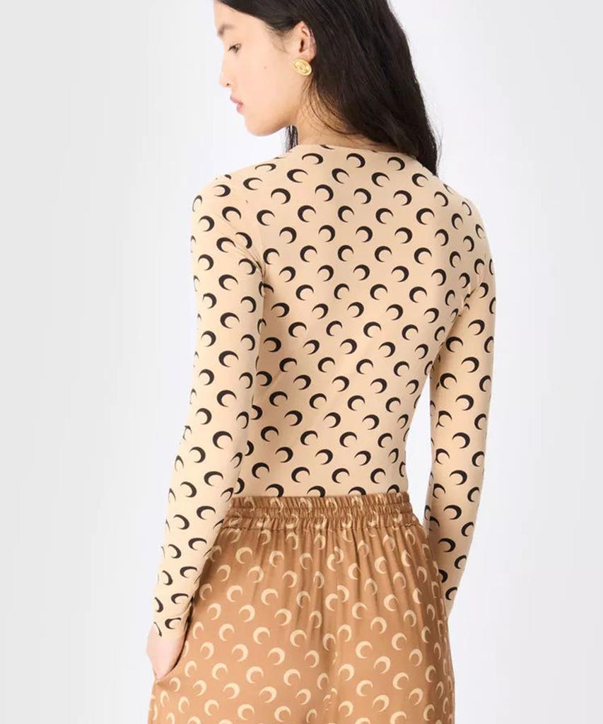 MARINE SERRE (W) Moon Printed Jersey Long Sleeve Crewneck Top Tan