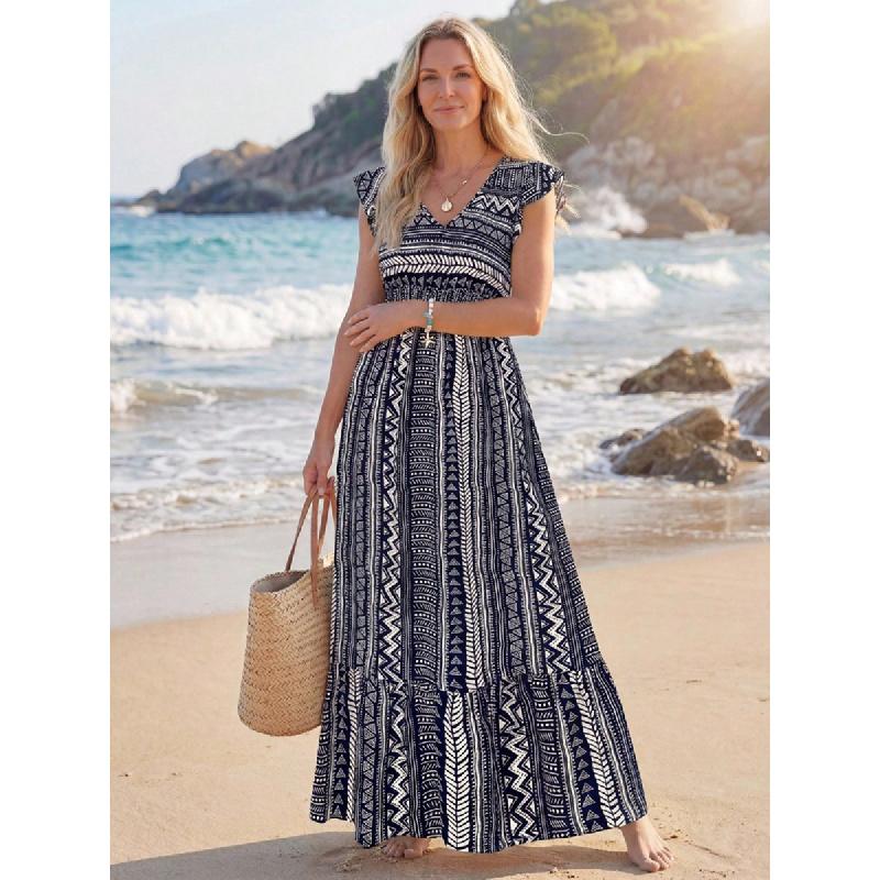 Women's 2026 Summer New Printed Dress for Beach Vacation, Vintage Satin Long Skirt