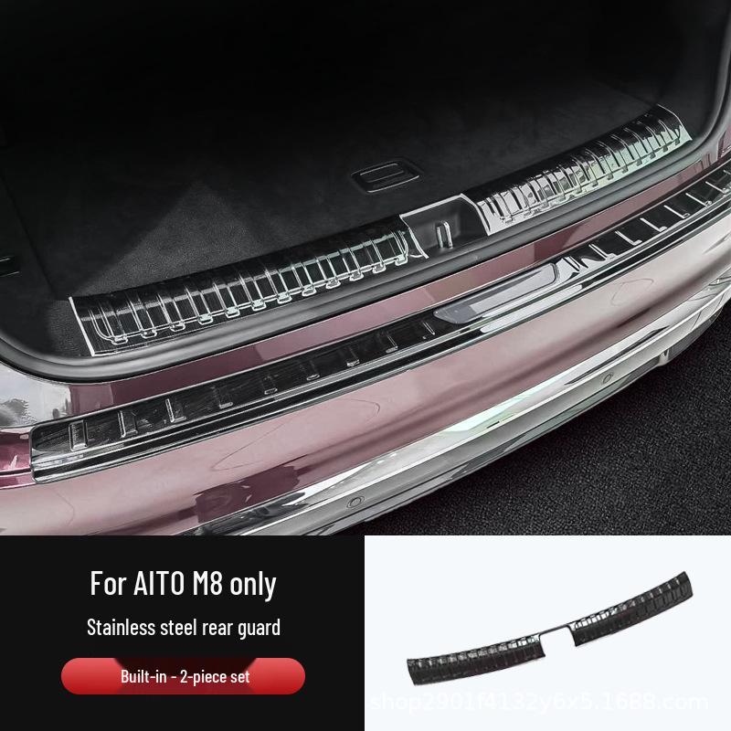 AITO M8 Rear Bumper Cover: Carbon Fiber Texture/Stainless Steel Tailgate Sill Plate - Dirt & Scratch Resistant.