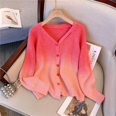 Gentle Wind Gradual Change Color V-neck Knitted Cardigan Women's Autumn and Winter Senior Sense Outside with Soft Waxy Coat Sweater