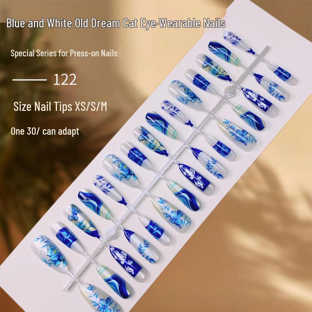 

Qinghua Blue Cat Eye Nail Art: Retro Style Wearable Fake Nails