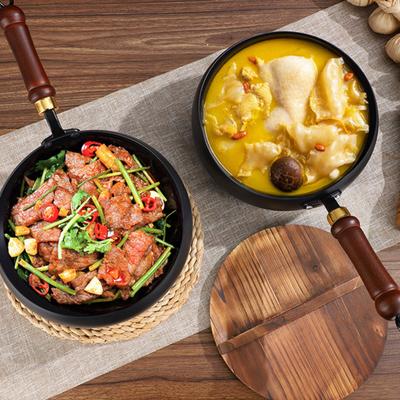 Yousheng Traditional Forged Iron Wok with Wooden Lid Non-Stick Uncoated Iron Pan Japanese Cookware for Gas Induction & Electric Stoves