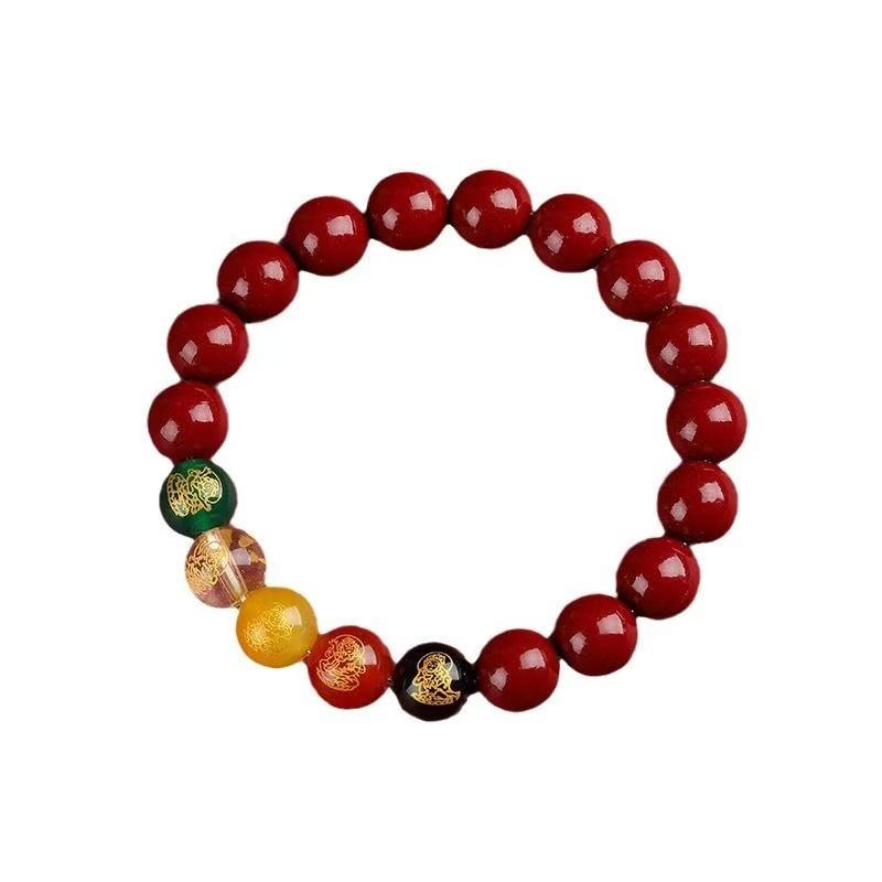 Cinnabar Five Gods of Wealth Bracelet - Luck-Changing Hand String with Purple Gold Sand Beads for Men and Women