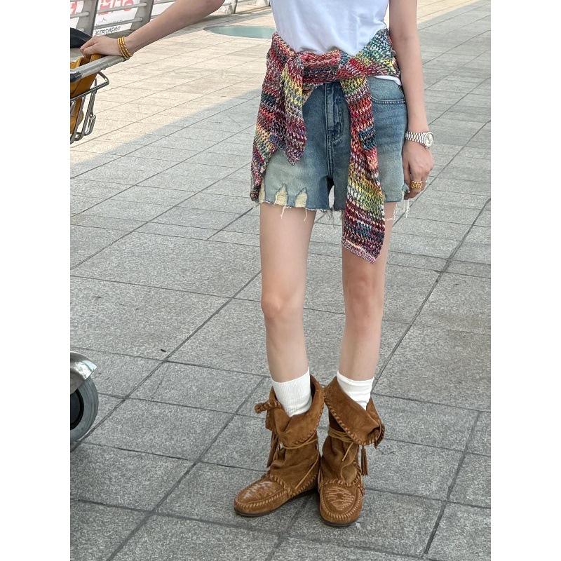 Cowhide~ Inner Heightening Boots, Retro Fringed Straps, Western Boots, Women's Genuine Leather Slim Boots, Foldable Stacked Boots