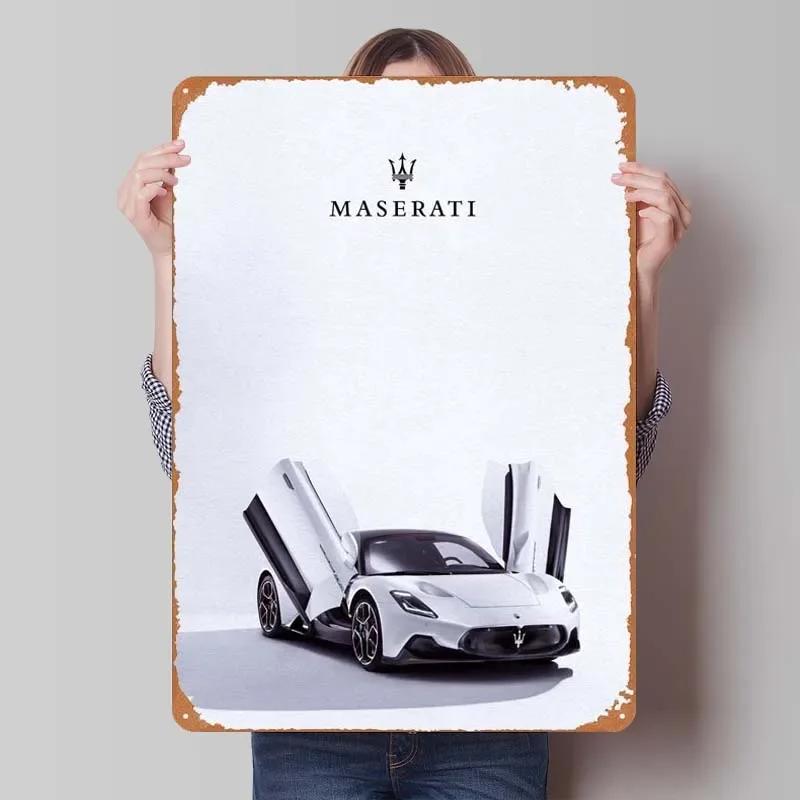 Maserati Plåtskylt Bilar Poster Dekoration för Hemdekorationer Retro Metallskylt Plakett för Garagsväggkonstdekoration Rum