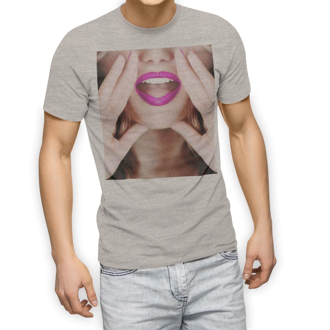 

for 3XL crew white lips [igsticker] T-shirt men, size, print, stylish, neck, gray, t-shirt, 007447, Japanese/Japanese pattern, portrait, pink, серый