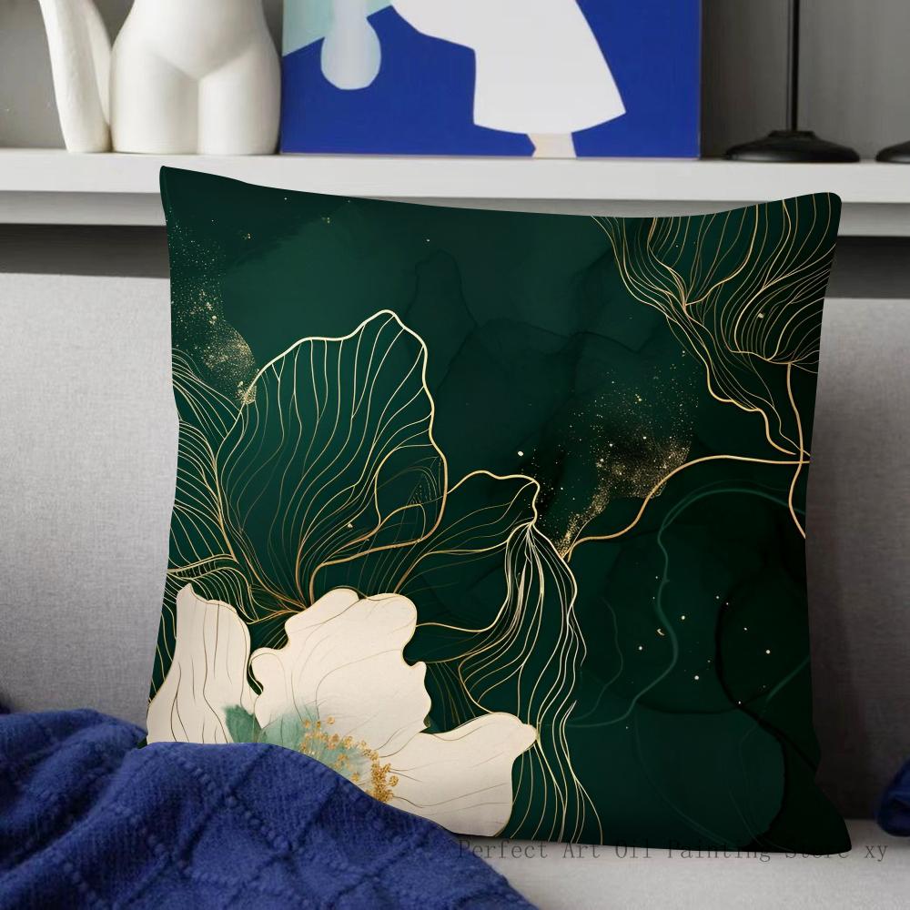 Grüne Blätter mit goldenen Rändern Kissenbezug Mode Quadratischer Kissenbezug Schlafzimmer Sofa Zimmer Innendekoration Freizeit Kissenbezug 40x40