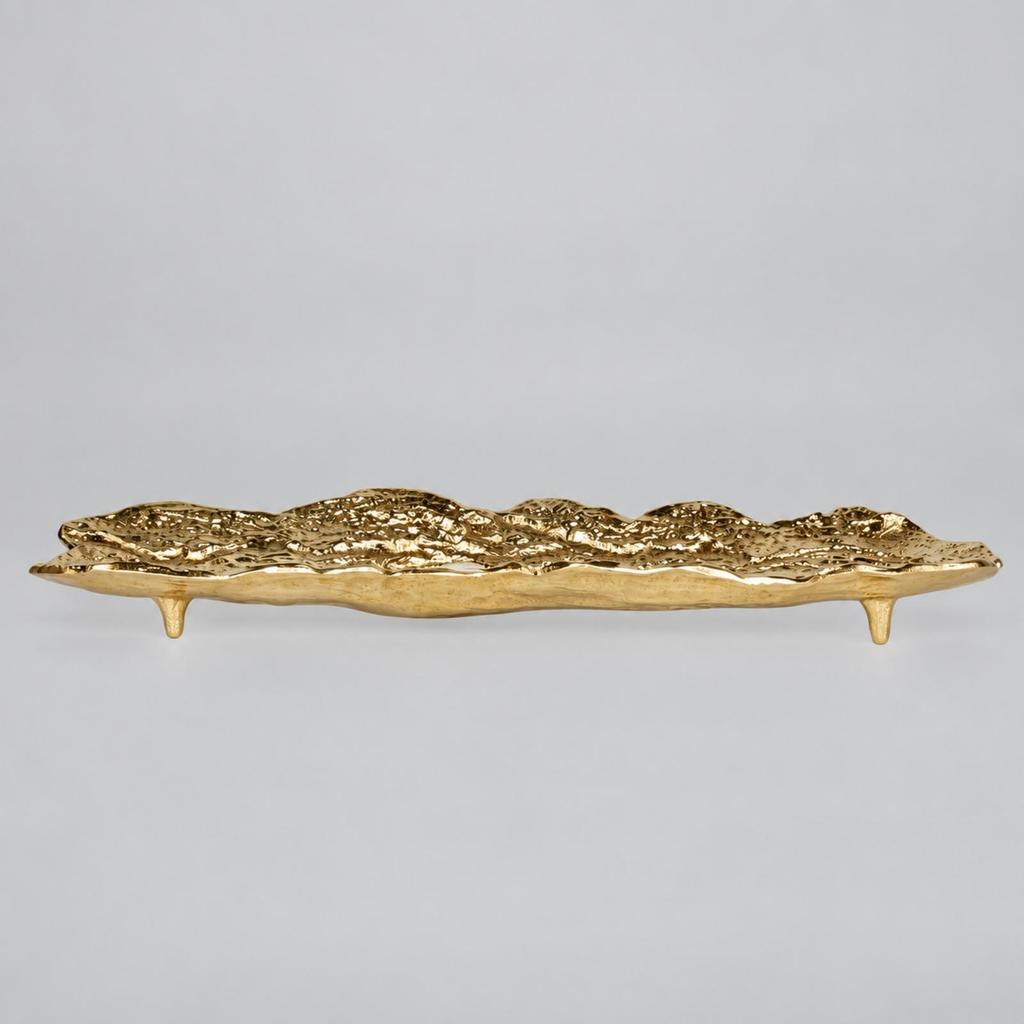 Aluminum Decorative Tray with Feet Gilded FinishShaped Textured for Dining Table