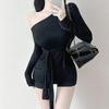 Korean Dongdaemun Slim Fit Strappy Off-Shoulder Long Sleeve Women's T-Shirt