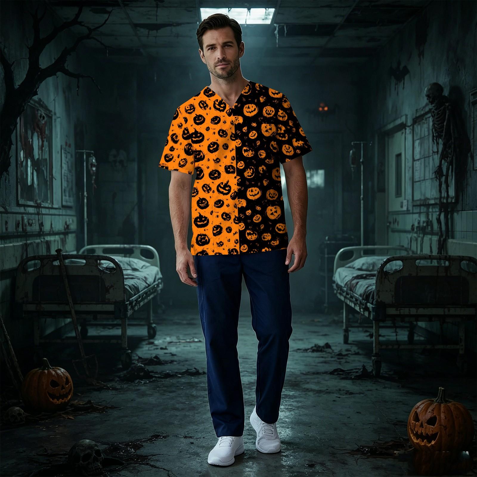 Men s V-Neck Short Sleeve Scrub Top with Halloween Print and Chest Pocket XXXL