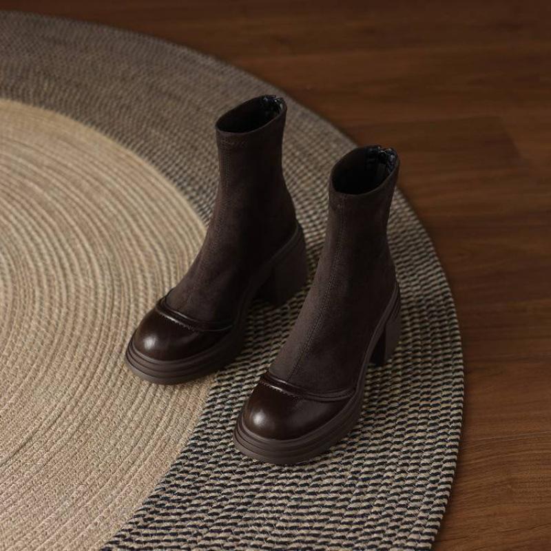 New Women's Elastic Suede Medium Boots Solid Color Thick-soled Large-size Women's Boots Rear Zipper Round Head Autumn and Winter Martin Boots