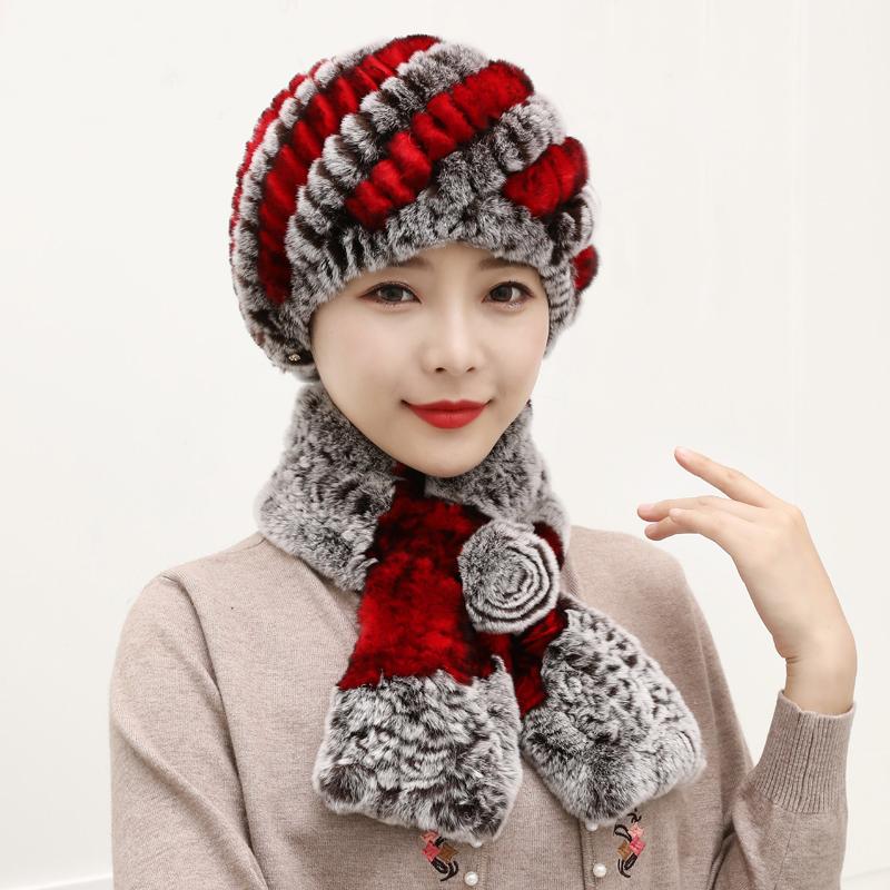 Winter Knitted 100% Natural Fur Hats Scarves Sets Women Warm Real Rex Rabbit Fur Hat Scarf Lady Fashion Thick Rex Rabbit Fur Hat