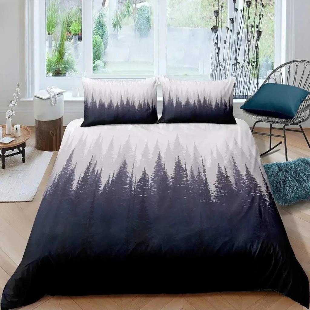 Dumanlı Dağ Nevresim Takımı Çam Ağaçları Yorgan Kılıfı Erkek Çocuk Manzara Yorgan Kılıfı Doğal Manzara Sanat Polyester Yatak Takımı