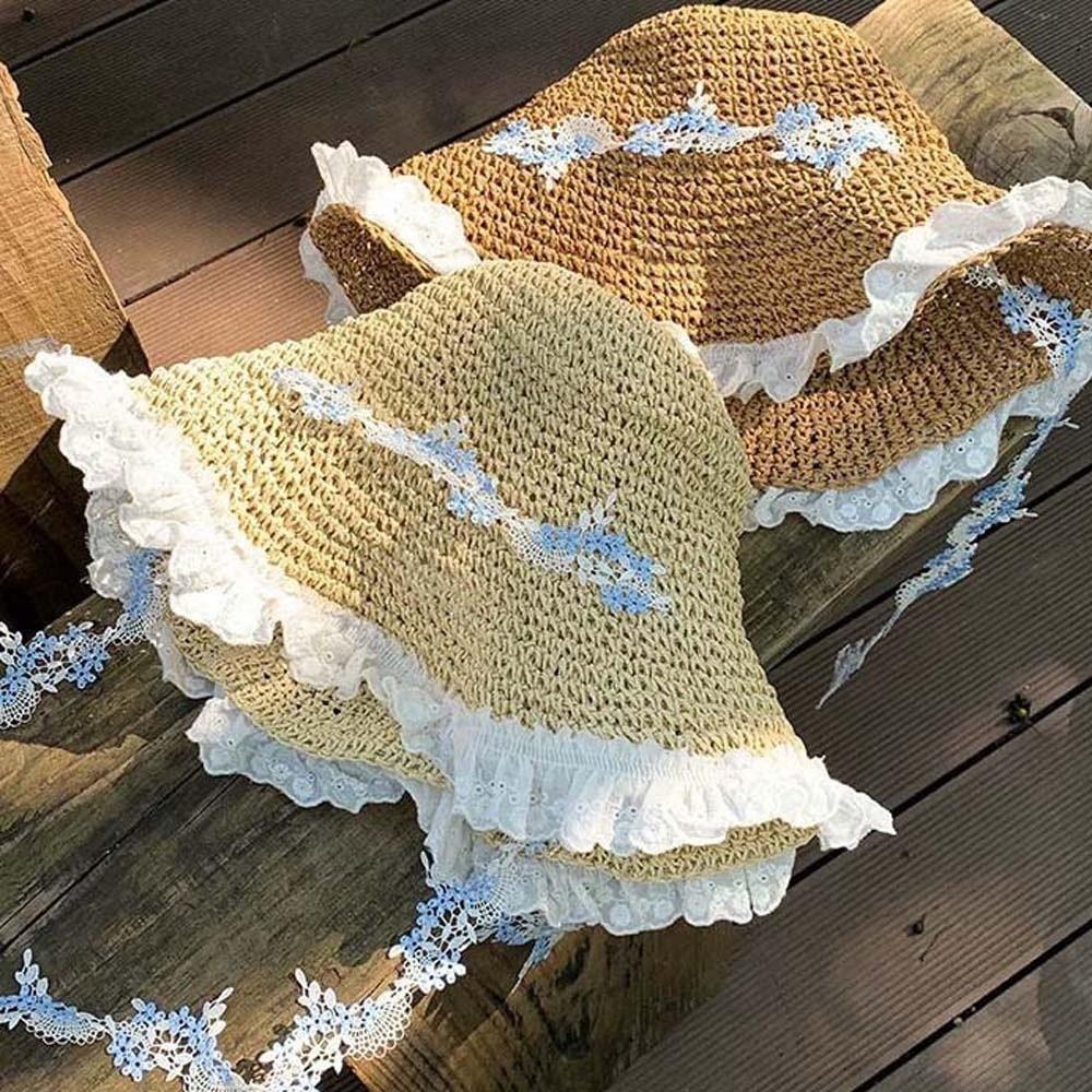 Breathable Vacation Beach Cap with Garland with Lace Big Brimmed Straw Hat Lightweight Sunshade Topi Woven Sun Cap Daily