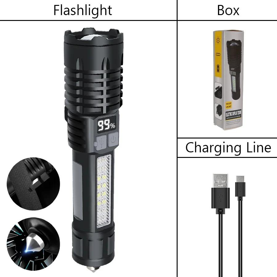 10000LM High Power LED Flashlight Powerful TYPE-C Rechargeable COB Flashlight With Side Light Torch For Outdoor Camping Hiking