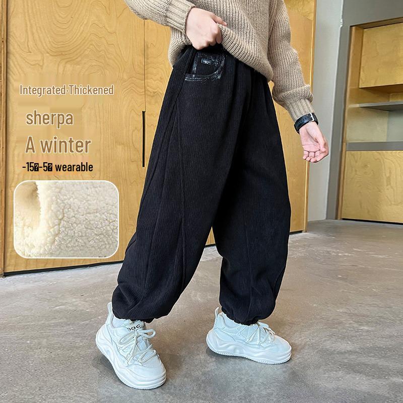 Boys' Autumn/Winter 2025 Fleece-Lined Corduroy Sports Pants, Medium/Large