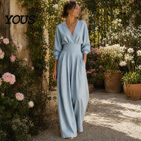 Everyday Wear Jumpsuit Women's Long Sleeve Jumpsuit, Deep V Neck Loose Wide Leg Plus Size Women Rompers, High Waist Summer Casual One Piece