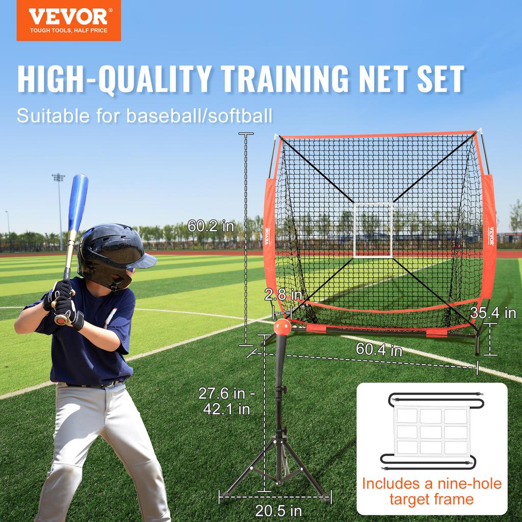 VEVOR 5x5ft Portable Baseball Softball Practice Net for Hitting Batting Catching Pitching with Bow Frame Carry Bag Strike Zone