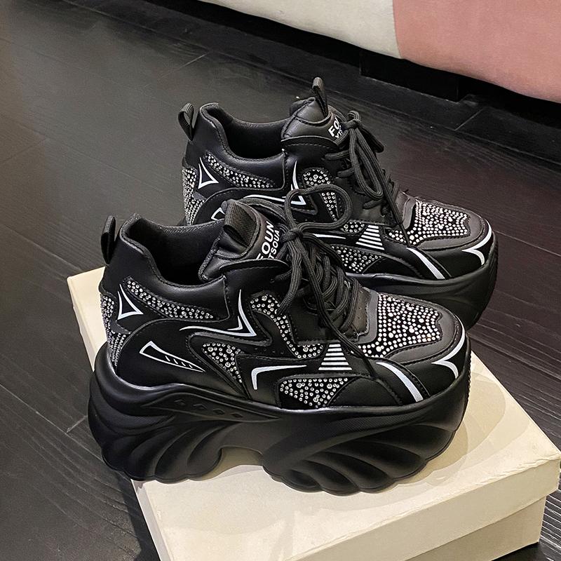 10CM Women Chunky Shoes 2025 Spring Thick Sole Ladies Stylish High Platform Sports Sneakers Outdoor Leisure Leather Dad Shoes