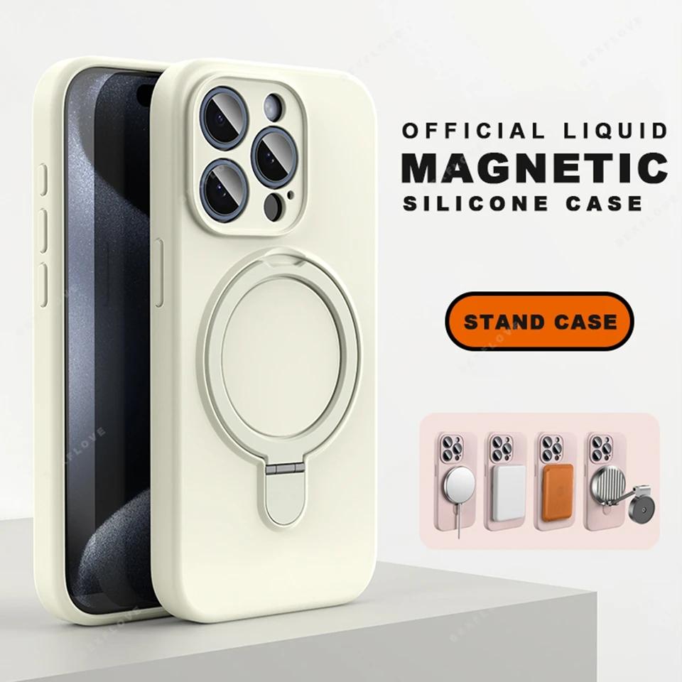 Magnetic Liduid Silicone Stand Phone Case For For Iphone 17 Air 11 12 13 1 14 16 Pro Max Plus Ring Holder Protector Cover