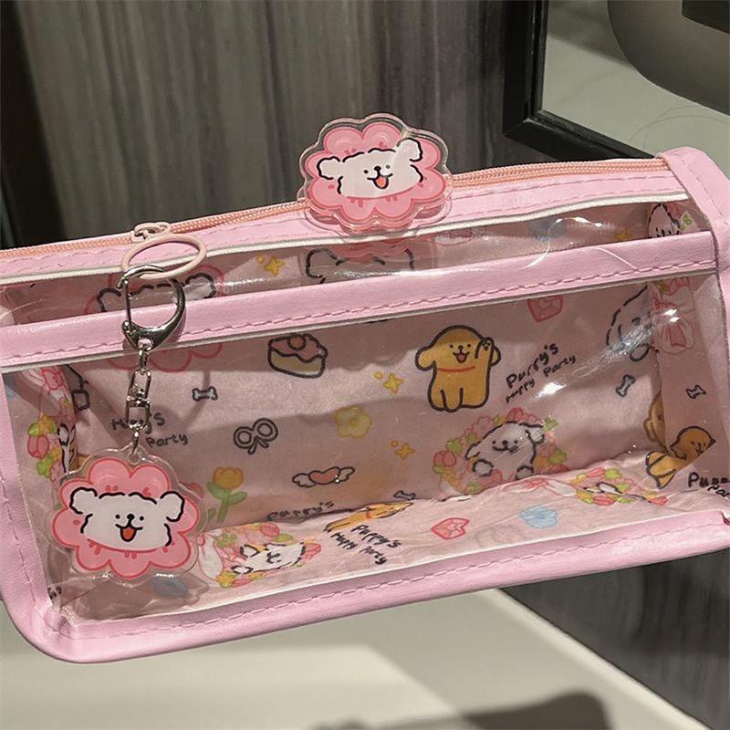 Swimming Line Puppy Double-layer Pencil Case Transparent Love Wind Double-layer Large-capacity Student Stationery Storage Pencil Case