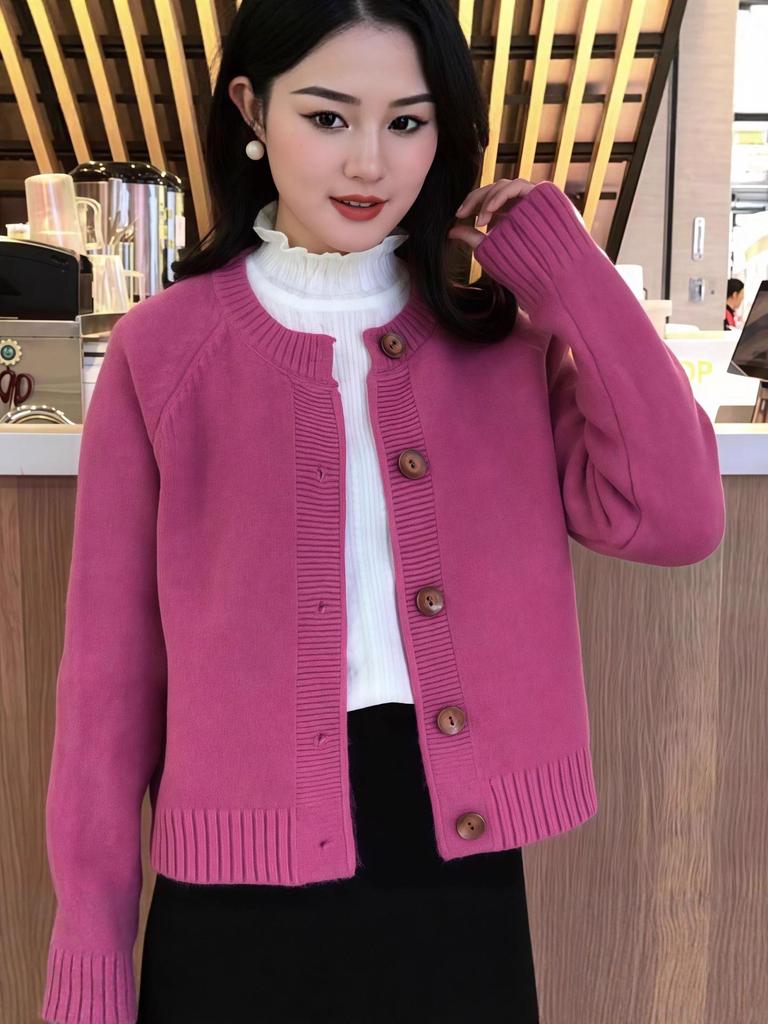 Korean Simple Round Neck Knit Cardigan - Women's Autumn/Winter Loose Soft Sweater Coat