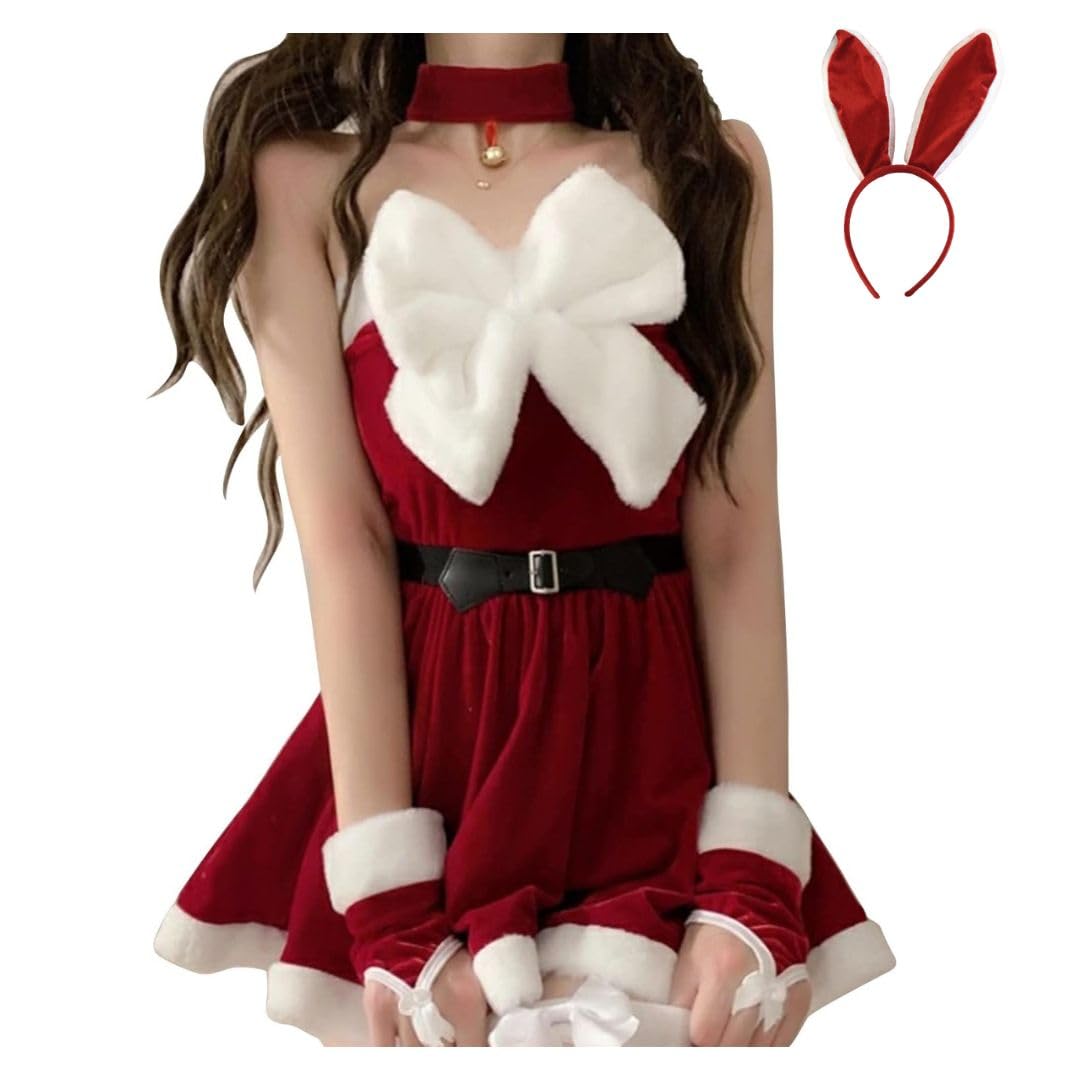 

Wemitas Сексуальный и милый рождественский костюм Санты с костюмом Санты для взрослых с набором «Зайчик» Женский с лентой, ушками, 4 предмета (M)
