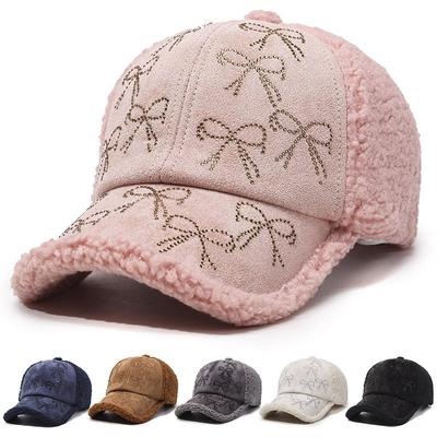 Autumn Winter Lamb Velvet Warm Baseball Cap Rhinestone Bow Cap Outdoor Women's Cotton Cap