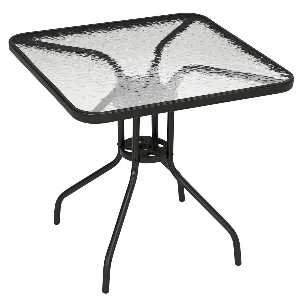 Square Garden Dining Table with Tempered Glass Top & Umbrella Hole, 76 X 76 Cm