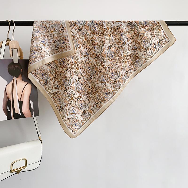 French retro floral small silk scarf women's professional decorative scarf cotton and linen small square scarf dual-purpose shawl outer scarf