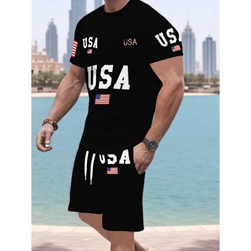 Мужской повседневный комплект из двух предметов | Летний узор в полоску с цифровой печатью | Обычный летний комплект для активного отдыха S