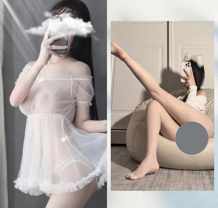 New sexy underwear perspective princess suit one-word shoulder mesh skirt seduces girl transparent milk leakage nightdress