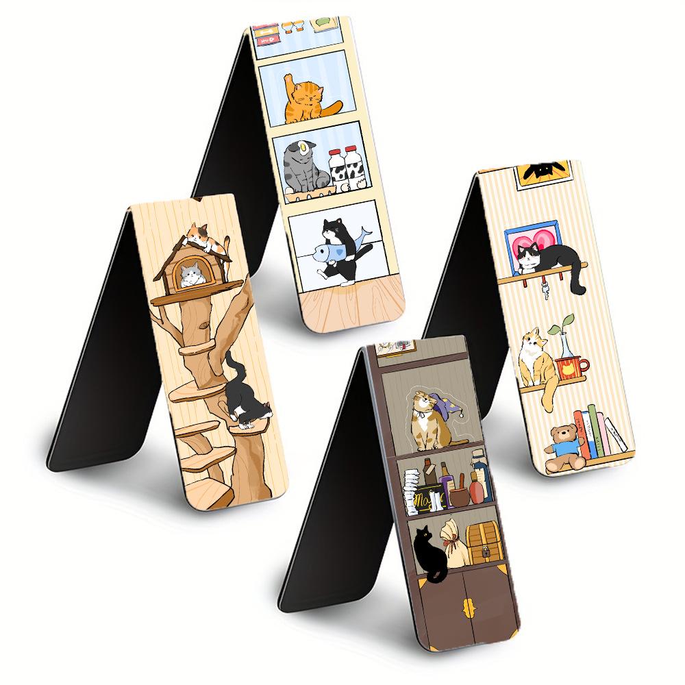 4pcs Cat World Magnetic Bookmarks Set, Cute Cat Cartoon Design Page Clips Book Marker, Unique Reading Gift Stationery