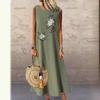 Robe d'été pour femmes grandes tailles avec coton et lin imprimé, col rond, style sans manches