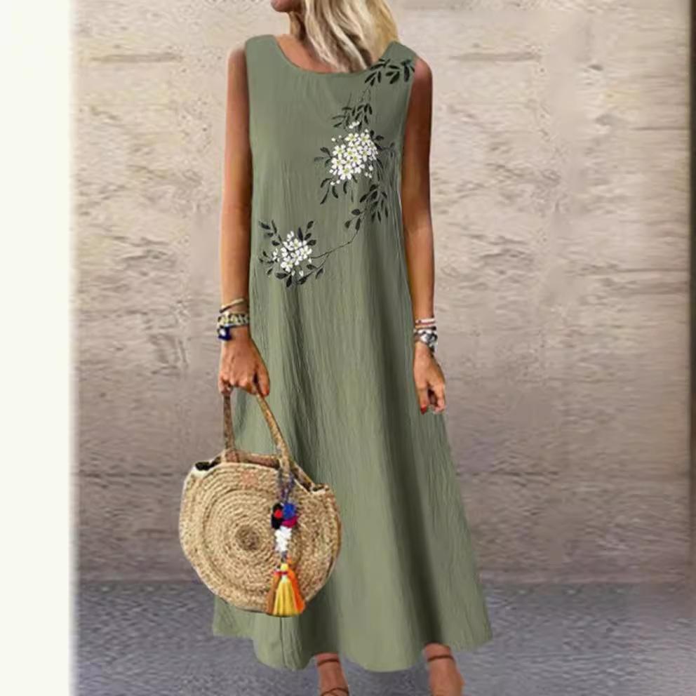 Letní dámské šaty nadměrné velikosti z bavlny a lnu s potiskem, kulatým výstřihem, bez rukávů
