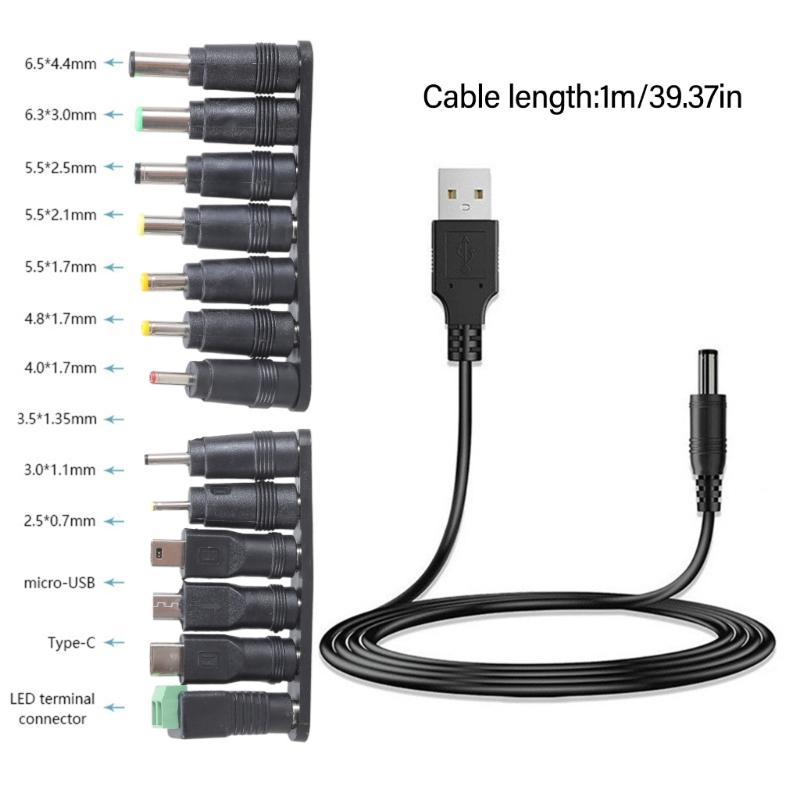 USB To DC5521 Power Cable 5V DC5.5x2.1mm Charging Cord Includes 13 Tips for Cameras Tablets and More