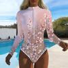 Women Long Sleeve One Piece Swimsuit Zip Front  Rose Flower  Print Rash Guard Surfing Bathing Suit