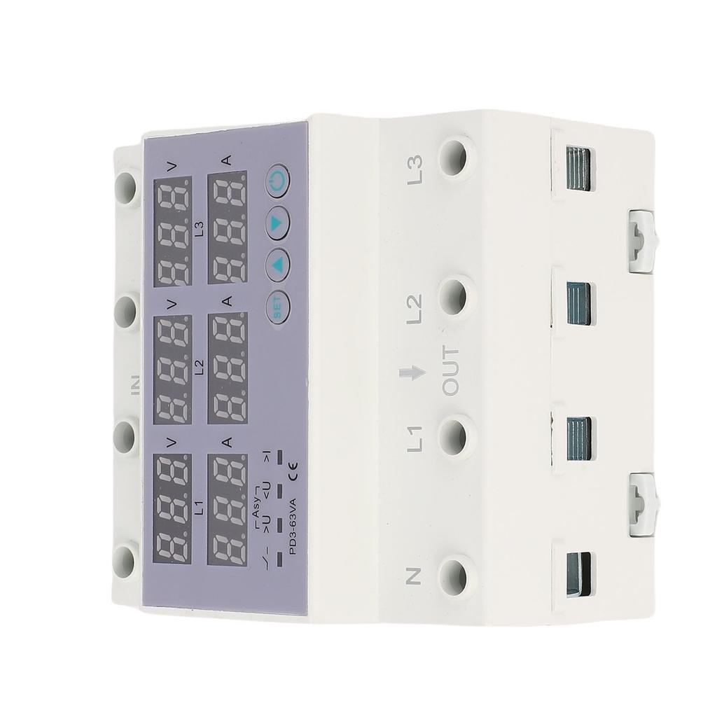3 Phase DIN Rail Voltmeter Ammeter Automatic Overvoltage Overcurrent Protector AC230 300V