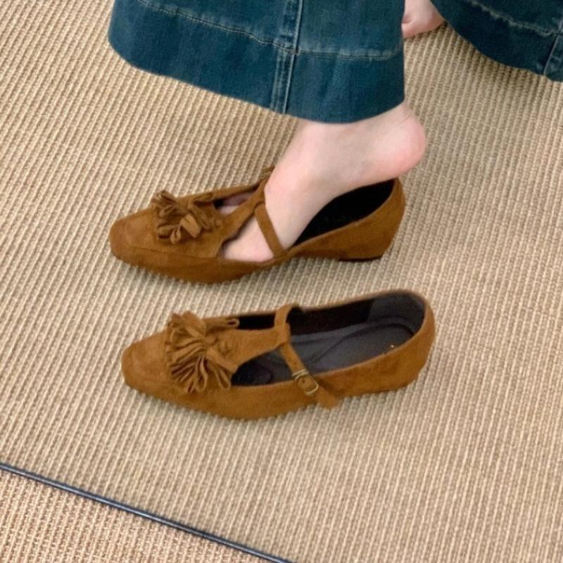 Suede Inside Heightening Single Shoes Autumn New Square Toe Shallow Mouth Slip Strap Soft Sole Non-slip Low Top Shoes