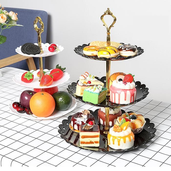 3-Tier Cake Stand with Gold Handle for Cakes and Desserts, Plastic