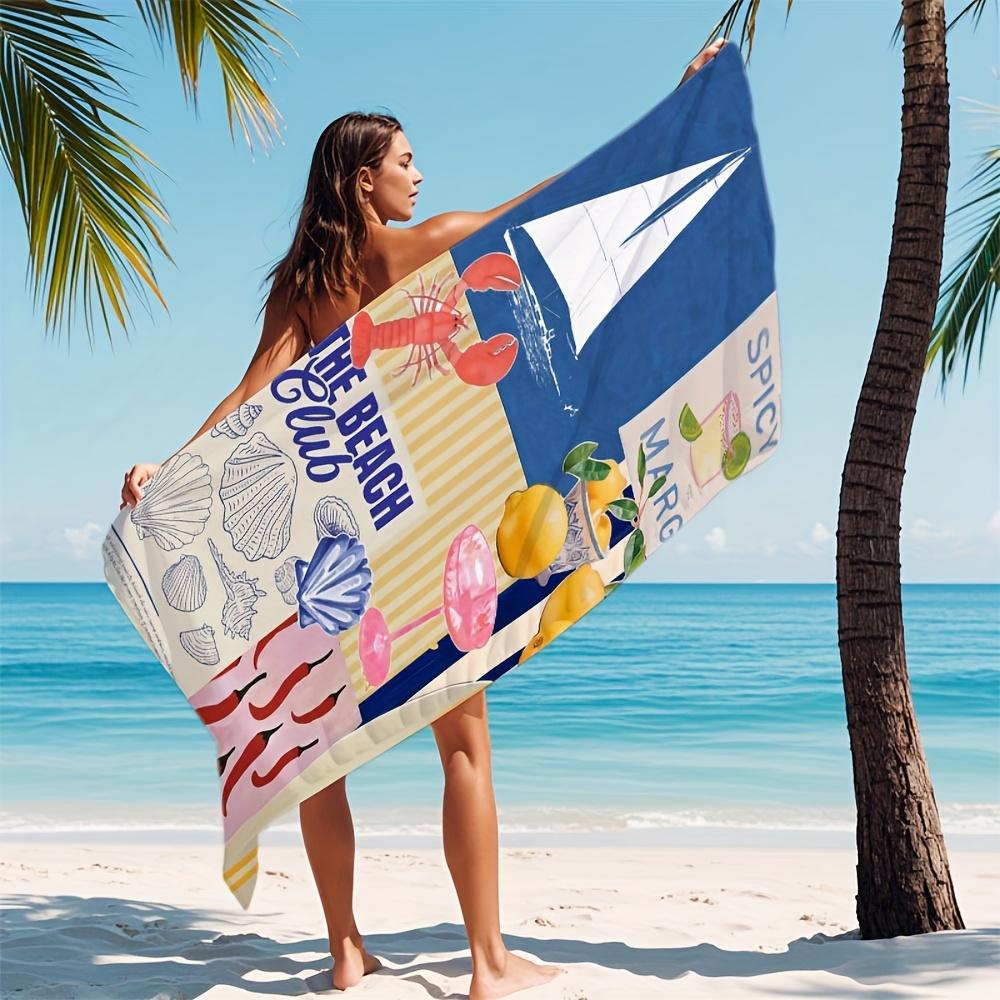 1pc Beach Towel - Windproof & Sun-Proof Ultra-Soft Microfiber with Vibrant Beach Club Design Boats, Cocktails, Lobster