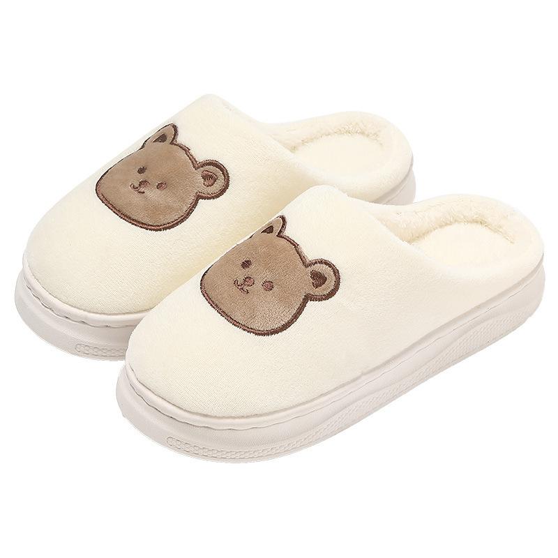 Home Cotton Slippers Winter Cartoon Bear Embroidered Plush Warm Indoor Household Wool Slippers